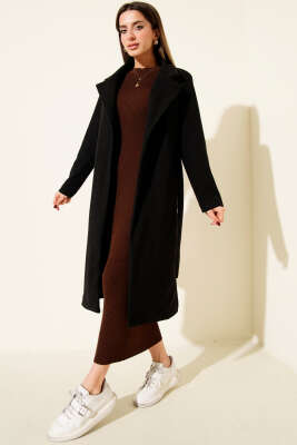 Kuşaklı Uzun Kaşe Kaban Siyah - Kadın Giyim Modelleri