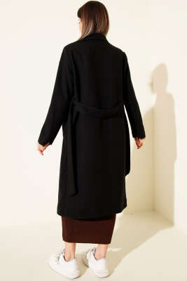 Kuşaklı Uzun Kaşe Kaban Siyah - Kadın Giyim Modelleri