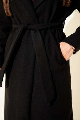 Kuşaklı Uzun Kaşe Kaban Siyah - Kadın Giyim Modelleri