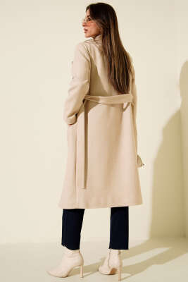 Kuşaklı Uzun Kaşe Kaban Taş - Kadın Giyim Modelleri