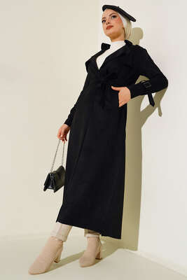 Kuşaklı Uzun Süet Trençkot Siyah - Trençkot