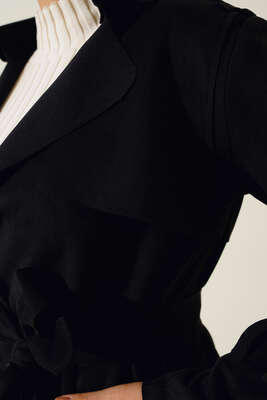 Kuşaklı Uzun Süet Trençkot Siyah - Trençkot