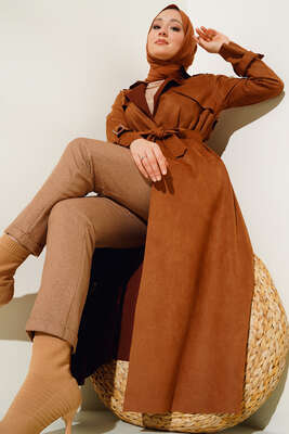 Kuşaklı Uzun Süet Trençkot Taba - FİXAY