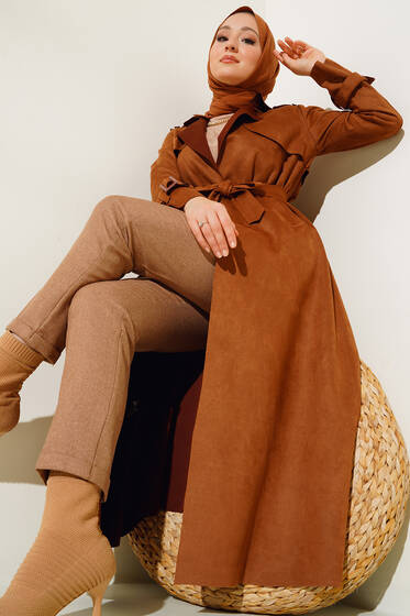 Kuşaklı Uzun Süet Trençkot Taba - Trençkot