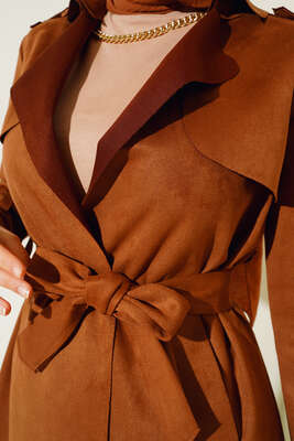 Kuşaklı Uzun Süet Trençkot Taba - Trençkot