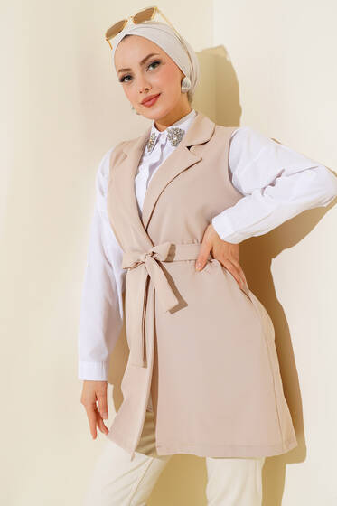 Kuşaklı Uzun Yelek Bej - Yelek