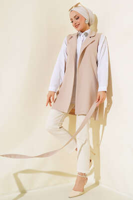Kuşaklı Uzun Yelek Bej - Yılın Fırsatı