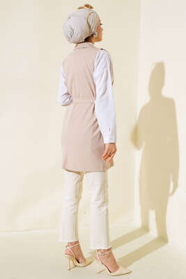 Kuşaklı Uzun Yelek Bej - Yılın Fırsatı