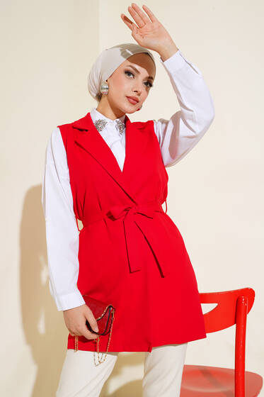 Kuşaklı Uzun Yelek Kırmızı - Yelek