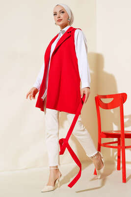 Kuşaklı Uzun Yelek Kırmızı - Yılın Fırsatı