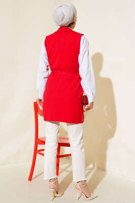 Kuşaklı Uzun Yelek Kırmızı - Yılın Fırsatı