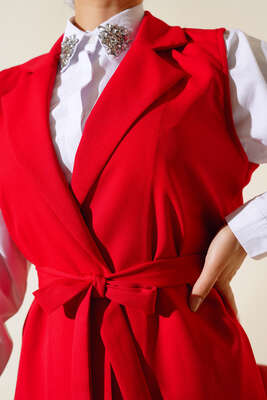 Kuşaklı Uzun Yelek Kırmızı - Yılın Fırsatı