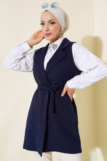 Kuşaklı Uzun Yelek Lacivert - Yelek