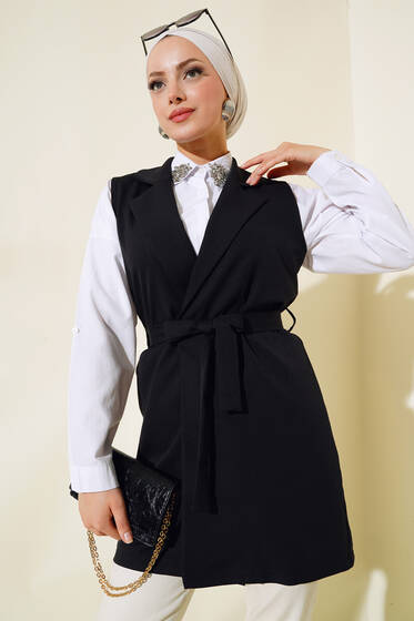 Kuşaklı Uzun Yelek Siyah - Yelek