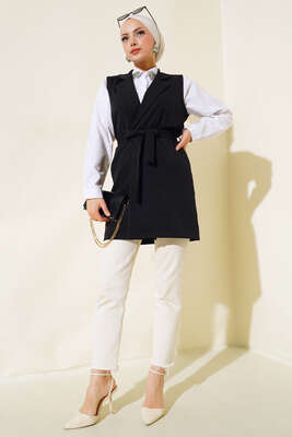 Kuşaklı Uzun Yelek Siyah - Yılın Fırsatı