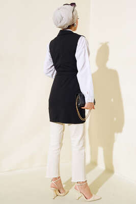 Kuşaklı Uzun Yelek Siyah - Yılın Fırsatı