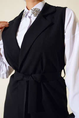 Kuşaklı Uzun Yelek Siyah - Yılın Fırsatı