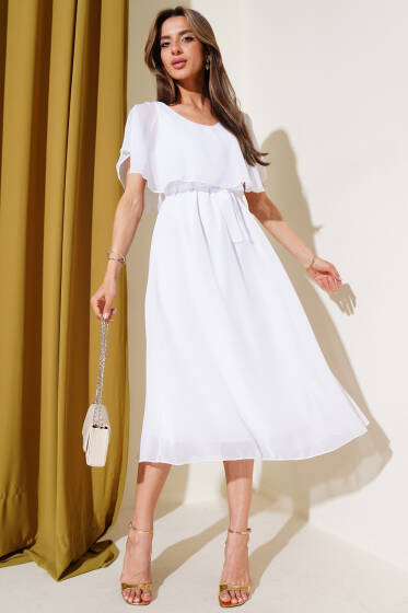 Kuşaklı V Yaka Şifon Midi Elbise Beyaz - Kadın Giyim Modelleri
