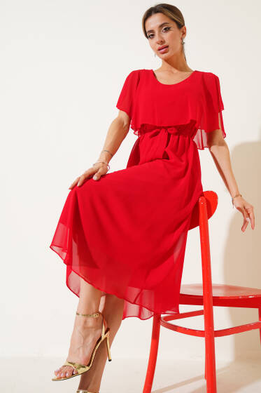 Kuşaklı V Yaka Şifon Midi Elbise Kırmızı - Kadın Giyim Modelleri