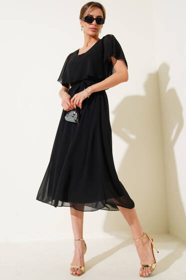 Kuşaklı V Yaka Şifon Midi Elbise Siyah - Kadın Giyim Modelleri