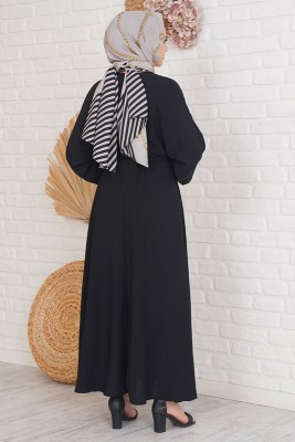 Kuşaklı Yarasa Kol Siyah Elbise - Thumbnail