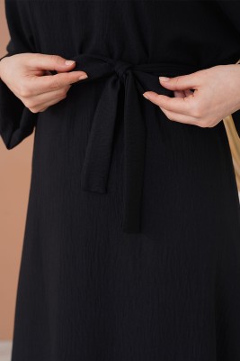 Kuşaklı Yarasa Kol Siyah Elbise - Thumbnail