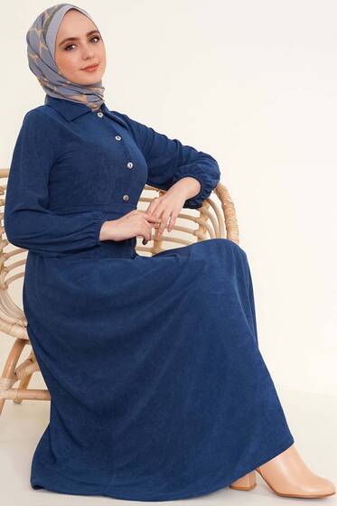 Kuşaklı Yarım Düğemli Elbise Parlement - Tesettür Elbise