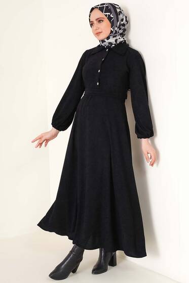 Kuşaklı Yarım Düğemli Elbise Siyah - Tesettür Elbise