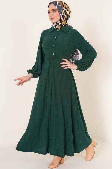Kuşaklı Yarım Düğemli Elbise Zümrüt Yeşili - Tesettür Elbise