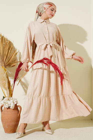 Kuşaklı Yarım Düğmeli Kat Elbise Bej - Elbise