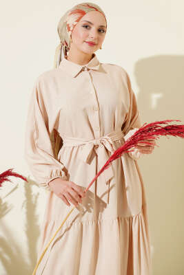 Kuşaklı Yarım Düğmeli Kat Elbise Bej - Elbise