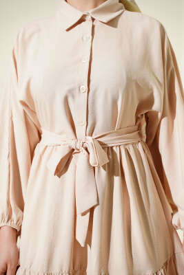 Kuşaklı Yarım Düğmeli Kat Elbise Bej - Elbise