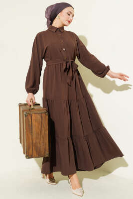 Kuşaklı Yarım Düğmeli Kat Elbise Kahve - AGAS TEKSTİL