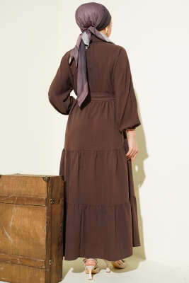 Kuşaklı Yarım Düğmeli Kat Elbise Kahve - Elbise