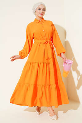Kuşaklı Yarım Düğmeli Kat Elbise Oranj - AGAS TEKSTİL