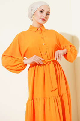 Kuşaklı Yarım Düğmeli Kat Elbise Oranj - Elbise