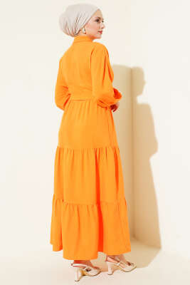 Kuşaklı Yarım Düğmeli Kat Elbise Oranj - Elbise