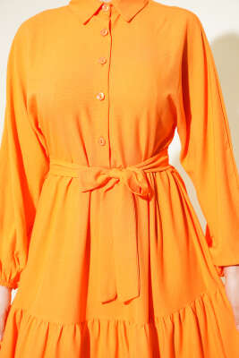 Kuşaklı Yarım Düğmeli Kat Elbise Oranj - Elbise