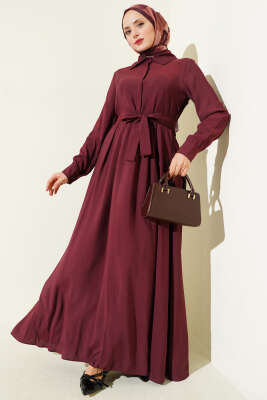 Kuşaklı Yarım Yaka Düğmeli Tensel Elbise Bordo - BERAT TEKSTİL