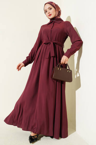 Kuşaklı Yarım Yaka Düğmeli Tensel Elbise Bordo - Elbise