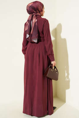Kuşaklı Yarım Yaka Düğmeli Tensel Elbise Bordo - Elbise