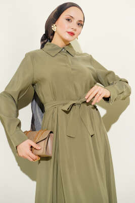 Kuşaklı Yarım Yaka Düğmeli Tensel Elbise Haki - Elbise