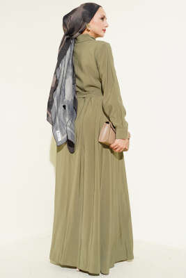Kuşaklı Yarım Yaka Düğmeli Tensel Elbise Haki - Elbise