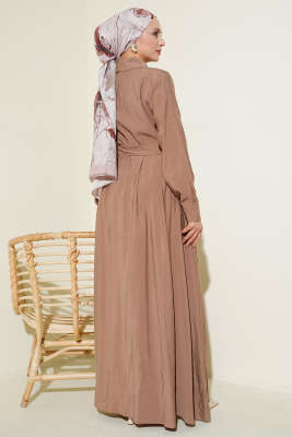 Kuşaklı Yarım Yaka Düğmeli Tensel Elbise Latte - Elbise