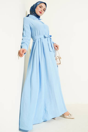 Kuşaklı Yarım Yaka Düğmeli Tensel Elbise Mavi - Elbise