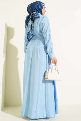 Kuşaklı Yarım Yaka Düğmeli Tensel Elbise Mavi - Elbise