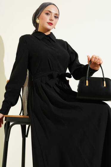 Kuşaklı Yarım Yaka Düğmeli Tensel Elbise Siyah - Elbise