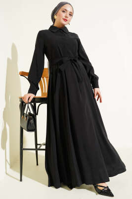 Kuşaklı Yarım Yaka Düğmeli Tensel Elbise Siyah - Elbise