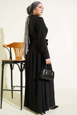 Kuşaklı Yarım Yaka Düğmeli Tensel Elbise Siyah - Elbise