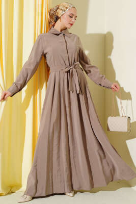 Kuşaklı Yarım Yaka Düğmeli Tensel Elbise Vizon - BERAT TEKSTİL